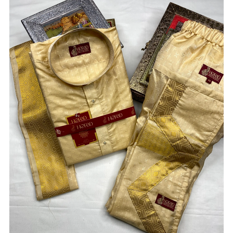Horad Premium Art Silk Gold Emboss Long Kurta + Kache Panche + Border Angavastram