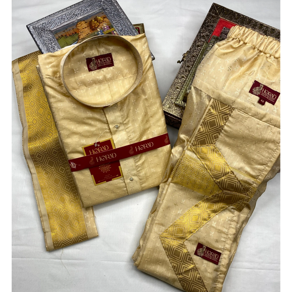 Horad Premium Art Silk Gold Emboss Long Kurta + Kache Panche + Angavastram