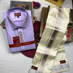 Horad Premium Art Silk Lavender Aari Work Fullsleeve shirt + Cream With Silver Dhoti