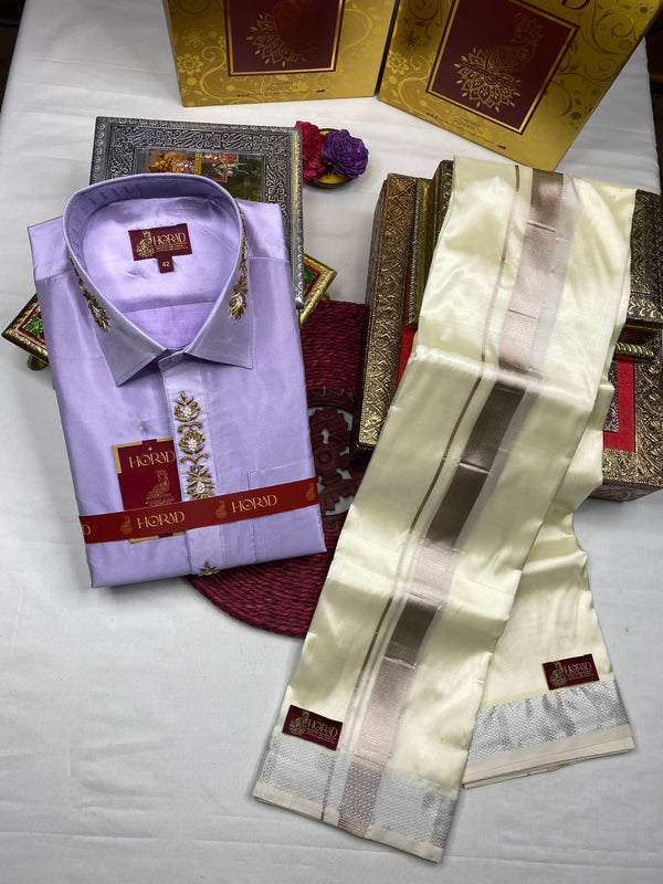 Horad Premium Art Silk Lavender Aari Work Fullsleeve shirt + Cream With Silver Dhoti
