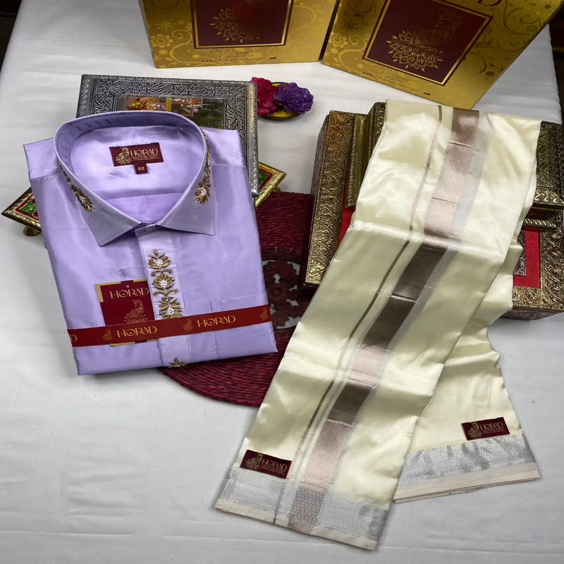 Horad Premium Art Silk Lavender Aari Work Fullsleeve shirt + Cream With Silver Dhoti