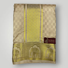 Horad Premium Art Silk Gold Emboss Elephant Border Shirt Material + Dhoti ( 2 in 1)