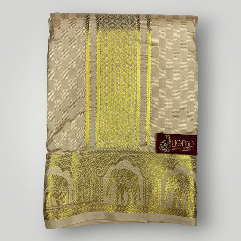 Horad Premium Art Silk Gold Emboss Elephant Border Shirt Material + Dhoti ( 2 in 1)