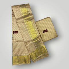 Horad Premium Art Silk Gold Emboss Elephant Border Shirt Material + Dhoti ( 2 in 1)