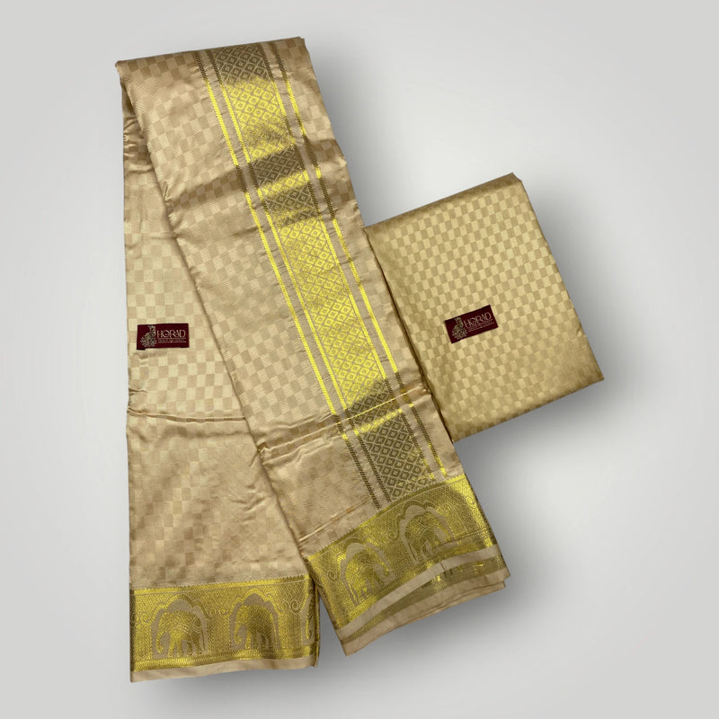 Horad Premium Art Silk Gold Emboss Elephant Border Shirt Material + Dhoti ( 2 in 1)