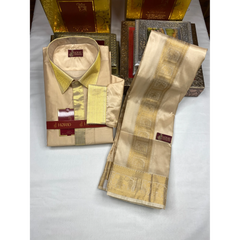 Horad Pure Silk Blend Gold Emboss 3 Inch Elephant Border Wedding Set Fullsleeve + Dhoti