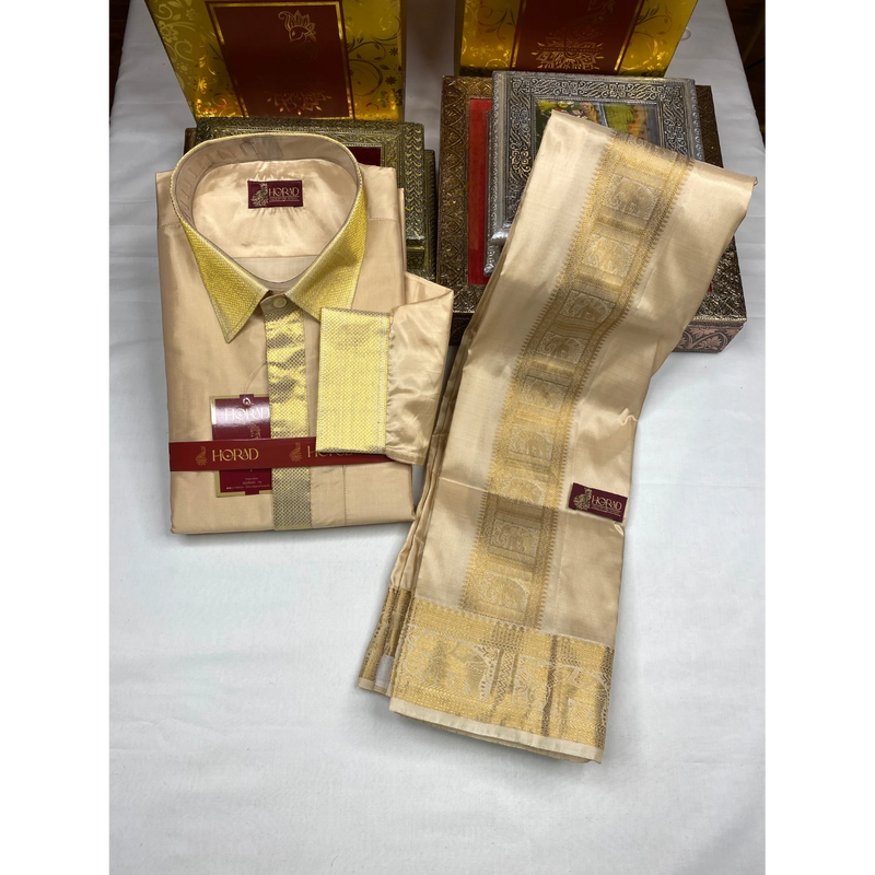 Horad Pure Silk Blend Gold Emboss 3 Inch Elephant Border Wedding Set Fullsleeve + Dhoti