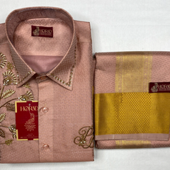 Horad Pure Silk Blend Copper Emboss 4 Inch Border Wedding Set Aari Work Fullsleeve + Dhoti