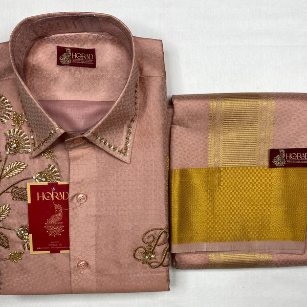 Horad Pure Silk Blend Copper Emboss 4 Inch Border Wedding Set Aari Work Fullsleeve + Dhoti