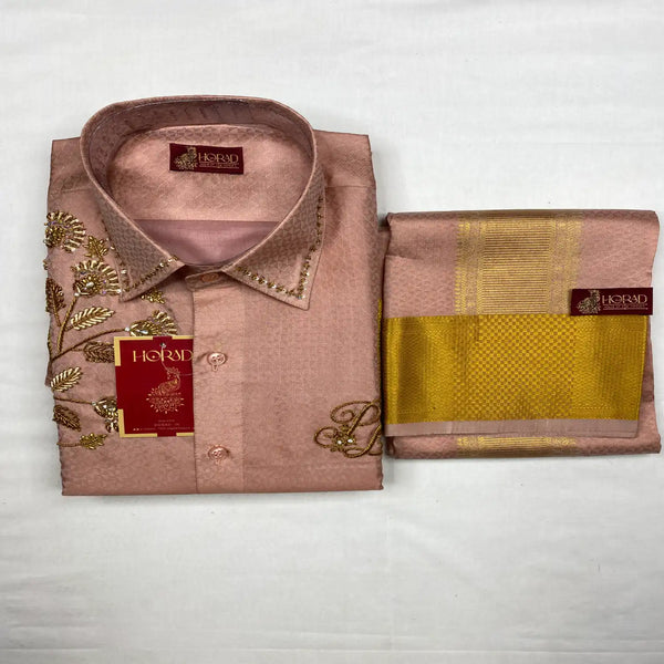 Horad Pure Silk Blend Copper Emboss 4 Inch Border Wedding Set Aari Work Fullsleeve + Dhoti