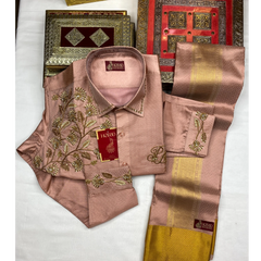 Horad Pure Silk Blend Copper Emboss 4 Inch Border Wedding Set Aari Work Fullsleeve + Dhoti