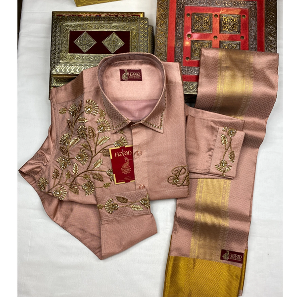 Horad Pure Silk Blend Copper Emboss 4 Inch Border Wedding Set Aari Work Fullsleeve + Dhoti