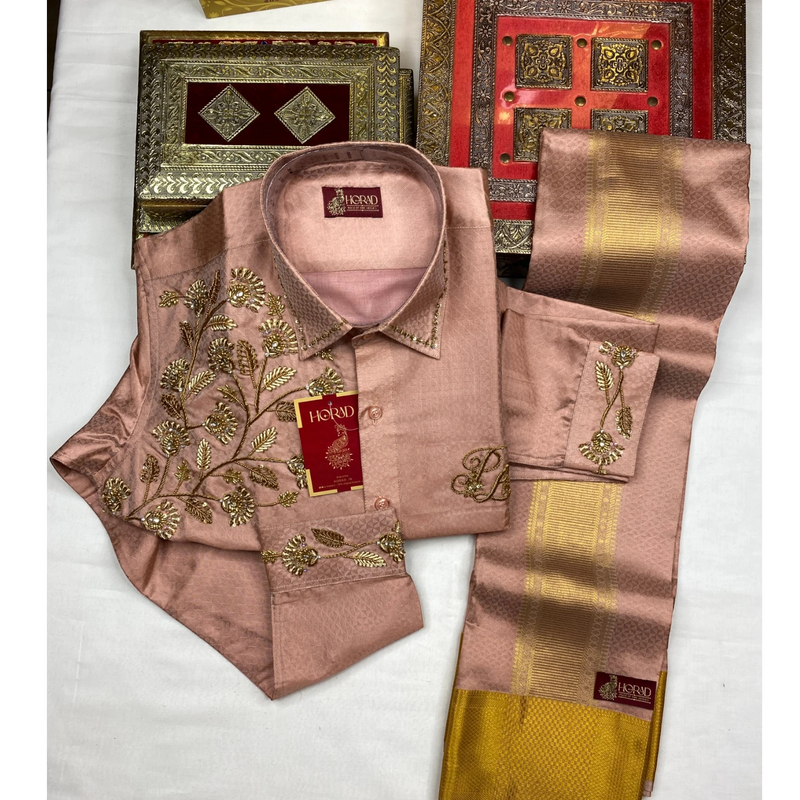 Horad Pure Silk Blend Copper Emboss 4 Inch Border Wedding Set Aari Work Fullsleeve + Dhoti