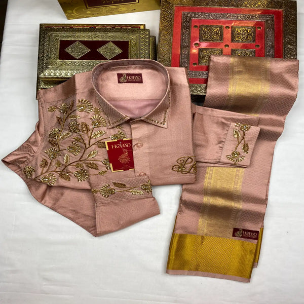 Horad Pure Silk Blend Copper Emboss 4 Inch Border Wedding Set Aari Work Fullsleeve + Dhoti