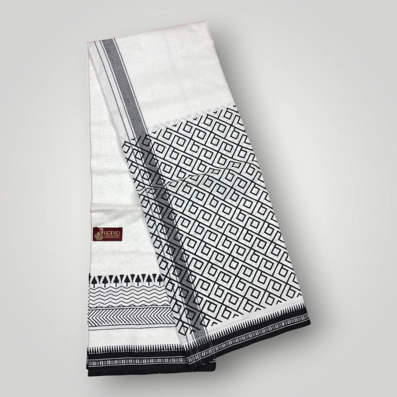 Horad Premium Cotton White Print Dhoti with Black Border