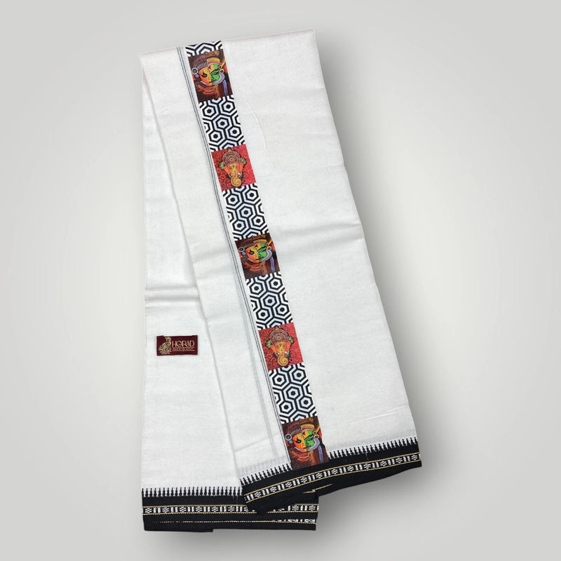 Horad Premium Cotton White Dhoti with Printed Border