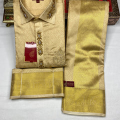 Horad Premium Art Silk Gold  Emboss  Elephant Border Wedding set Fullsleeve shirt + Dhoti + Angavastram (Copy)
