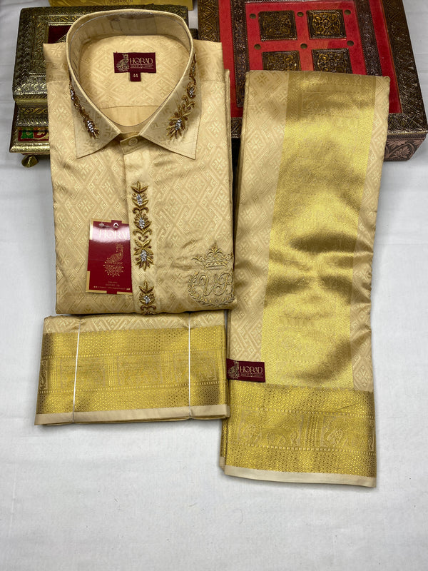 Horad Premium Art Silk Gold  Emboss  Elephant Border Wedding set Fullsleeve shirt + Dhoti + Angavastram (Copy)