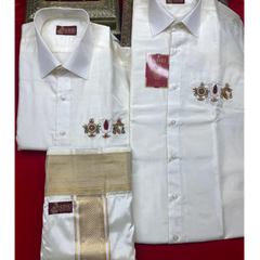 Horad Premium Art Silk Cream 4 Inch Border Thirunammam Work Fullsleeve shirt + Dhoti