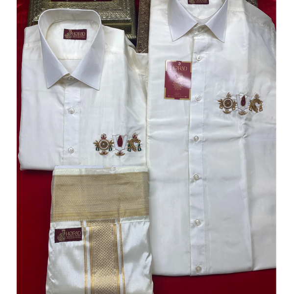 Horad Premium Art Silk Cream 4 Inch Border Thirunammam Work Fullsleeve shirt + Dhoti
