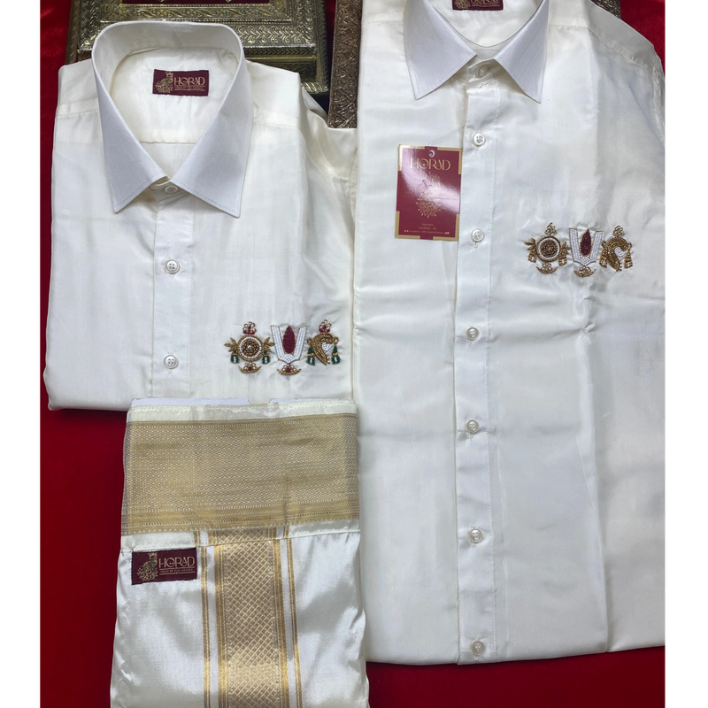 Horad Premium Art Silk Cream 4 Inch Border Thirunammam Work Fullsleeve shirt + Dhoti