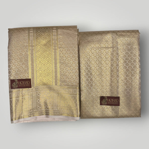 Horad Premium Art Silk Double Light Gold Emboss Warp Shirt Material + Dhoti (2 in 1)