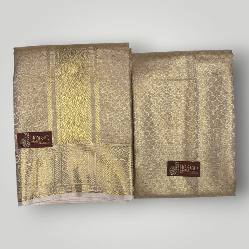 Horad Premium Art Silk Double Light Gold Emboss Warp Shirt Material + Dhoti (2 in 1)