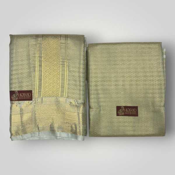 Horad Premium Art Silk Double Pista Green Emboss Warp Shirt Material + Dhoti (2 in 1)