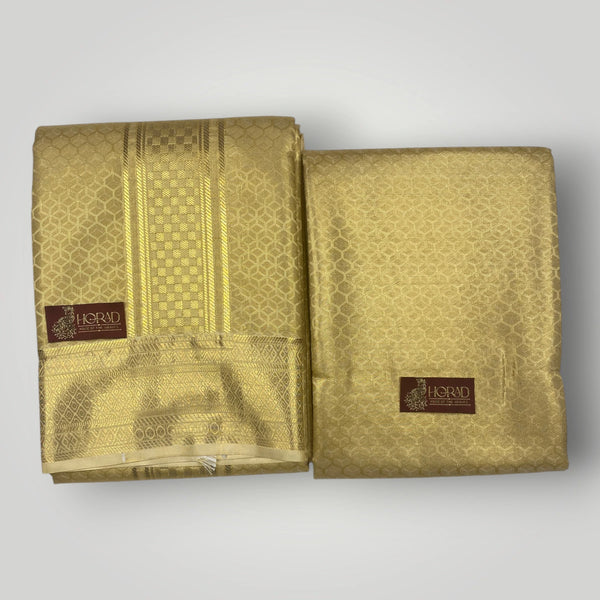 Horad Premium Art Silk Double Dark Gold Emboss Warp Shirt Material + Dhoti (2 in 1)