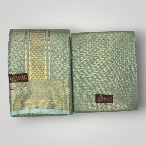Horad Premium Art Silk Double Pista Green Emboss Warp Shirt Material + Dhoti (2 in 1)