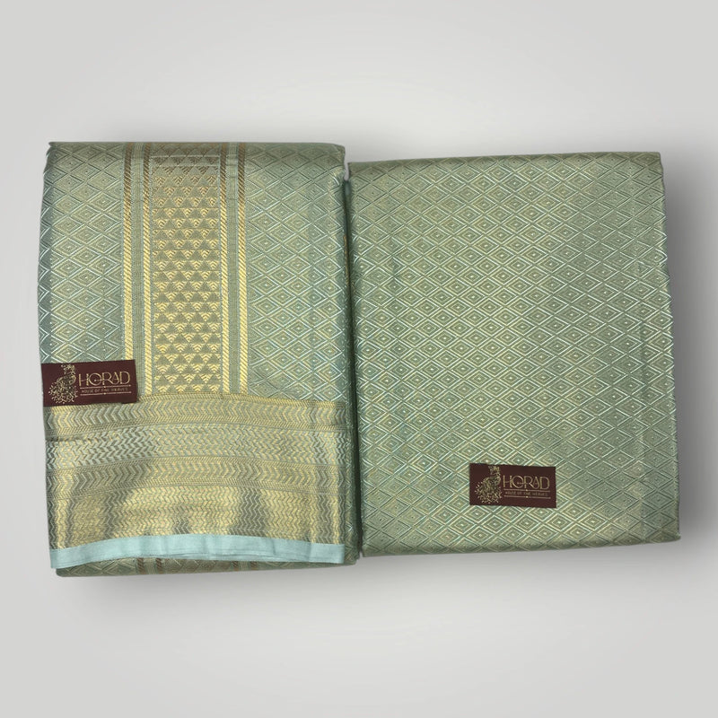 Horad Premium Art Silk Double Pista Green Emboss Warp Shirt Material + Dhoti (2 in 1)