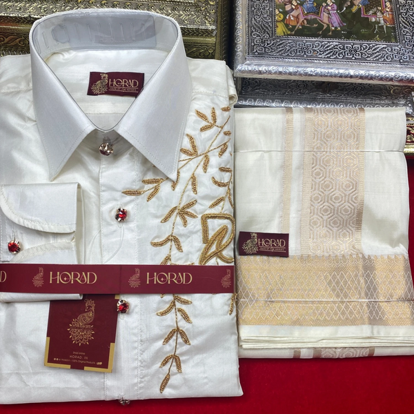 Horad Premium Art Silk Cream wedding Set Fullsleeve shirt + Dhoti