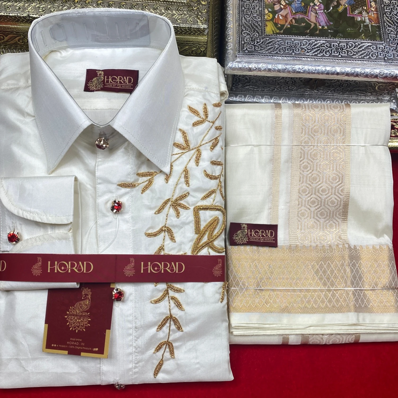 Horad Premium Art Silk Cream wedding set  Fullsleeve shirt + Dhoti