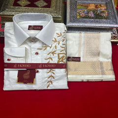 Horad Premium Art Silk Cream wedding Set Fullsleeve shirt + Dhoti