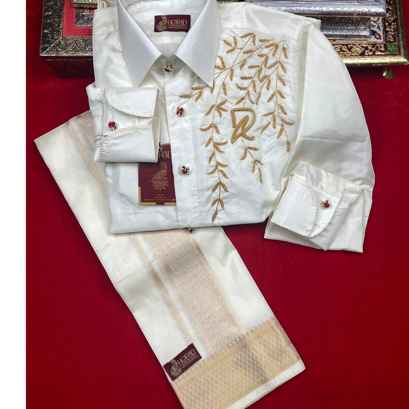 Horad Premium Art Silk Cream wedding set  Fullsleeve shirt + Dhoti