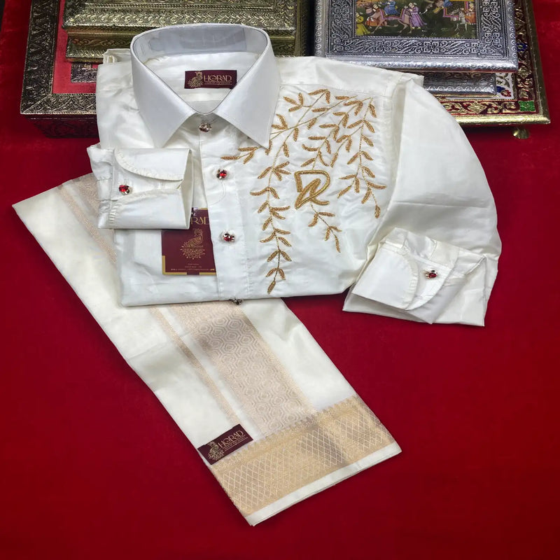 Horad Premium Art Silk Cream wedding Set Fullsleeve shirt + Dhoti