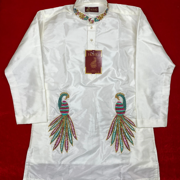 Horad Pure Silk Blend Cream Wedding Set Aari Work Short Kurta + Dhoti + Angavastram
