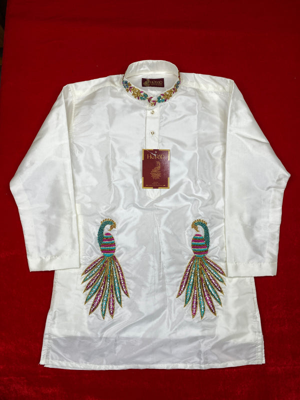 Horad Pure Silk Blend Cream Wedding Set Kids Aari Work Short Kurta + Welcro Dhoti + Border  Angavastram
