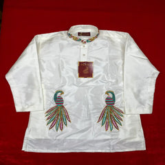 Horad Pure Silk Blend Cream Wedding Set Kids Aari Work Short Kurta + Welcro Dhoti + Border  Angavastram