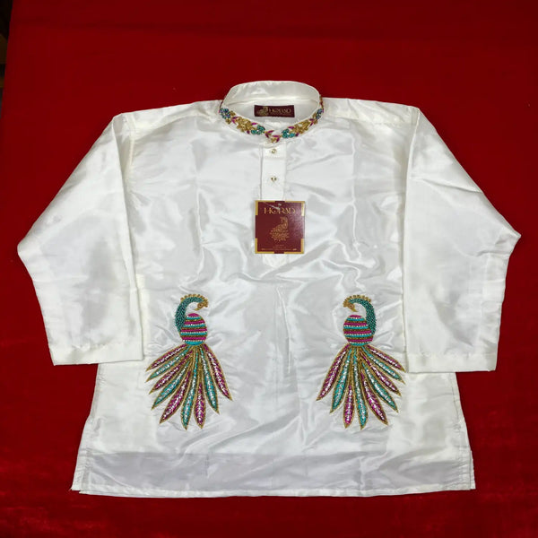 Horad Pure Silk Blend Cream Wedding Set Kids Aari Work Short Kurta + Welcro Dhoti + Border  Angavastram