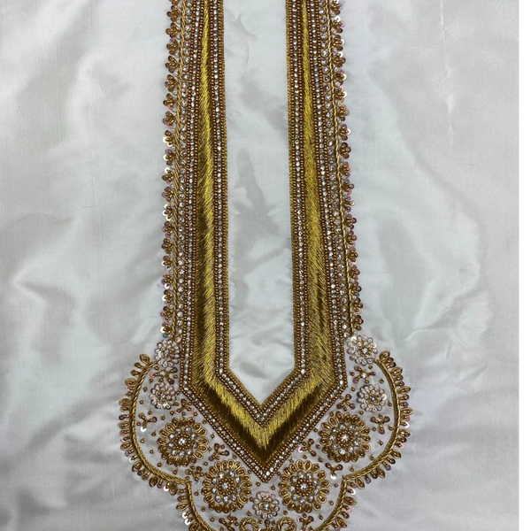 Horad Pure Silk Blend Cream Emboss Aari Work Long kurta + Kache Panche + Angavastram