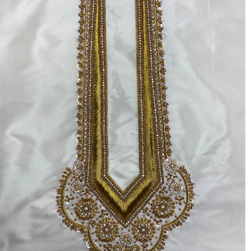 Horad Pure Silk Blend Cream Emboss Aari Work Long kurta + Kache Panche + Angavastram