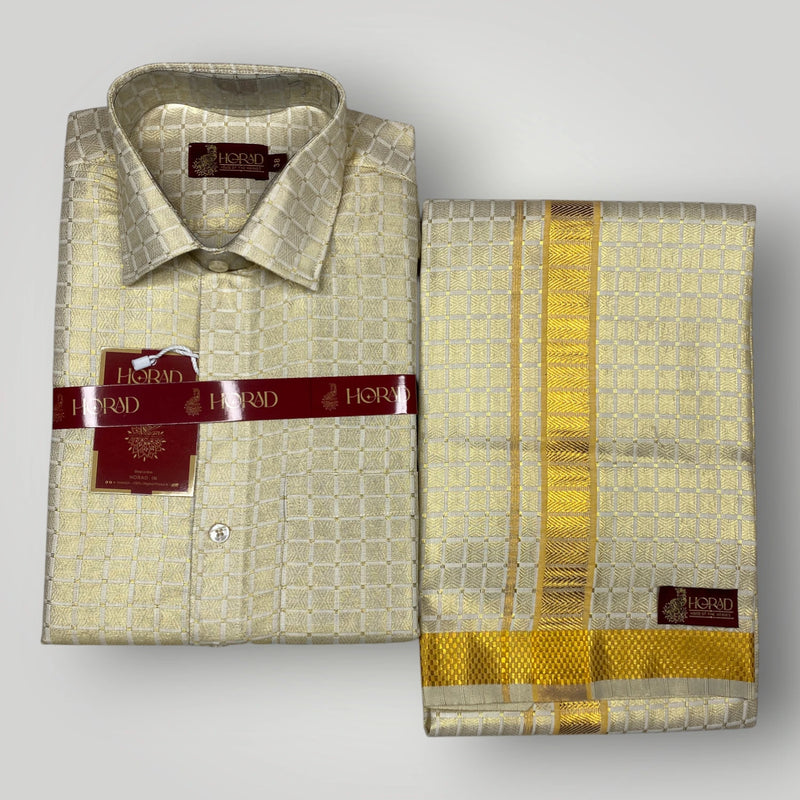 Horad Kora Cotton Tissue Big Square Emboss Light Gold Shirt+Dhoti