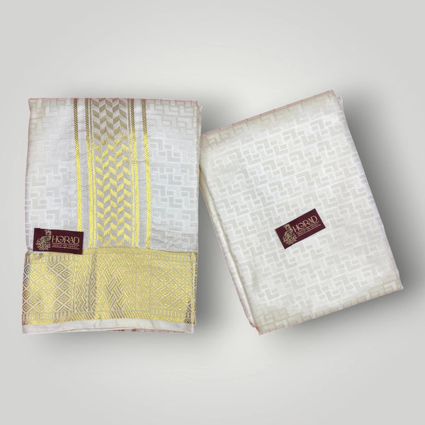 Horad Premium Art Silk Cream Emboss Shirt Material+Dhoti