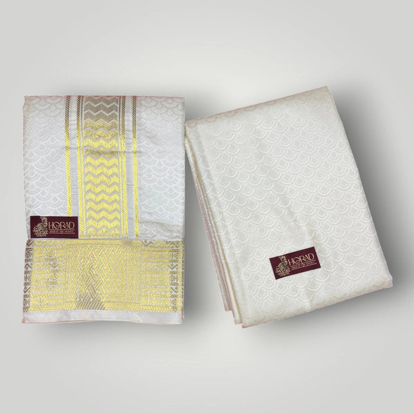 Horad Premium Art Silk Cream Emboss Shirt Material+Dhoti