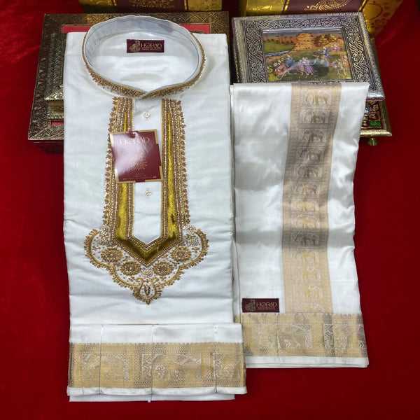 Horad Pure Silk Blend Cream Emboss Aari Work Long kurta + Kache Panche + Angavastram