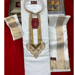 Horad Pure Silk Blend Cream Emboss Aari Work Long kurta + Kache Panche + Angavastram