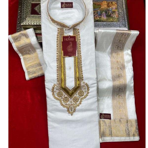 Horad Pure Silk Blend Cream Emboss Aari Work Long kurta + Kache Panche + Angavastram