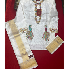 Horad Pure Silk Blend Cream Wedding Set Aari Work Short Kurta + Dhoti + Angavastram