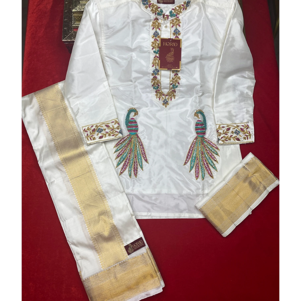 Horad Pure Silk Blend Cream Wedding Set Aari Work Short Kurta + Dhoti + Angavastram